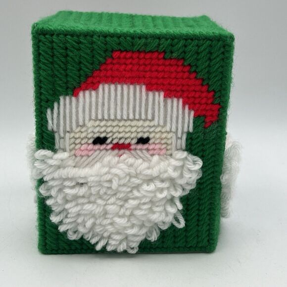 Vtg Christmas Santa Face Tissue Box Cover Fluffy Beard Kitsch Needlepoint - Picture 3 of 3